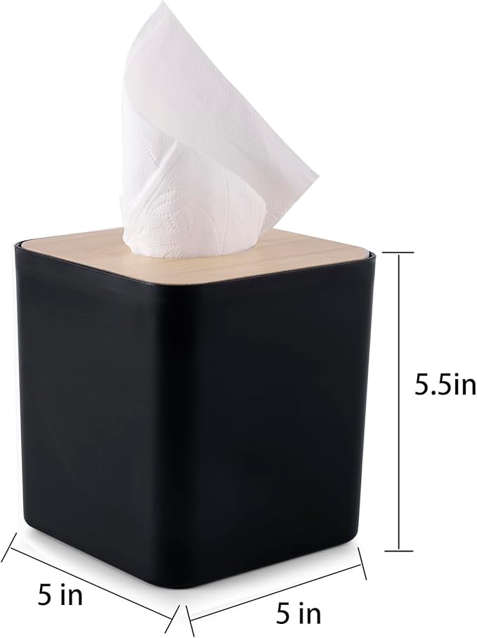 Square Tissue Box Cover,Black Tissue Box Holder,Bamboo Facial Cube Box Cover for Storage on Bathroom Vanity, Countertop, Bedroom Dresser