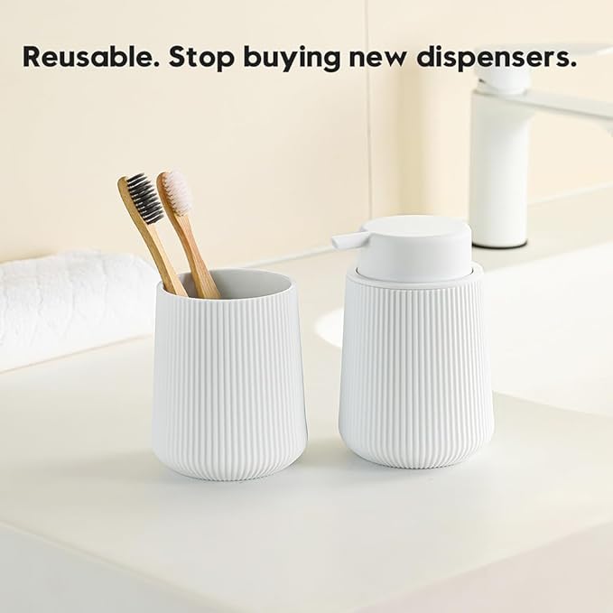 Striped Liquid Hand Soap Dispenser with Leak-Proof Pump for Bathroom and Kitchen Countertop 11oz White