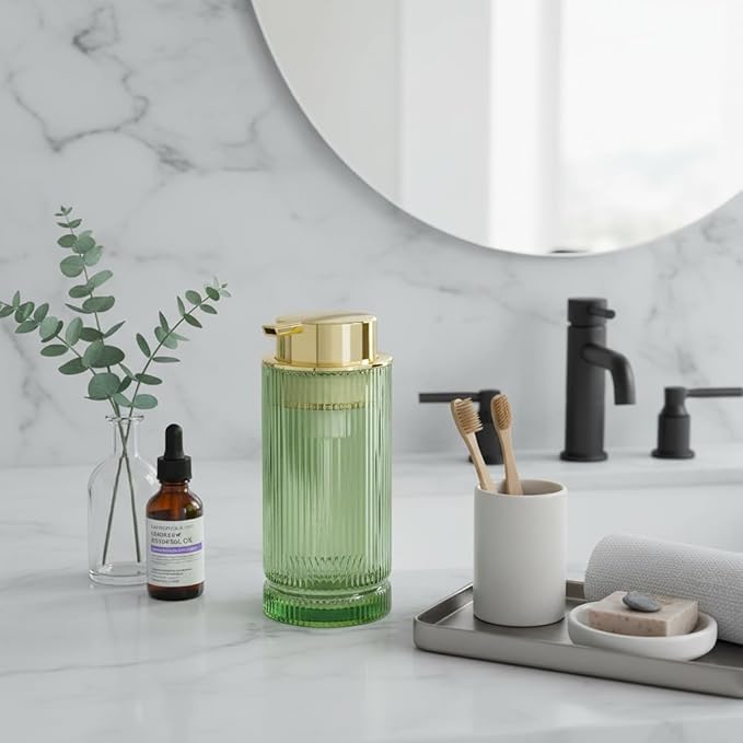14 Oz Foaming Soap Dispenser, Green Glass Soap Dispenser, Refillable Foam Pump Bottle Lotion Container with Gold Pump, Decorative Slim Ribbed Bottle for Bathroom and Kitchen Decor