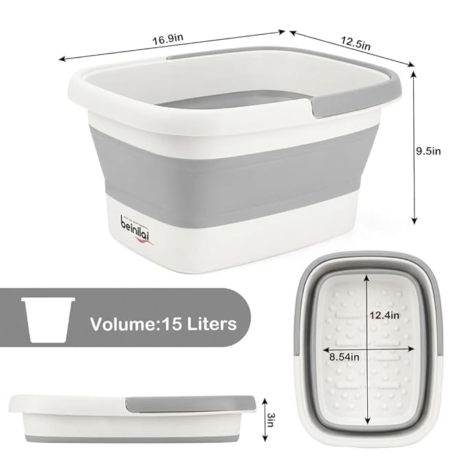 Beinilai Collapsible Foot Bath Basin for Soaking Feet,Foot Soak Tub,Plastic Foot Bucket with Handles and Massage Acupoint,Foldable Laundry Basket-Gery