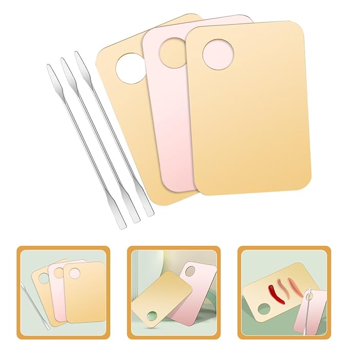 DOITOOL 3 Sets Makeup Mixing Palettes and Foundation Palettes with Metallic Spatulas, Acrylic and Colored Cosmetic Blending Trays for Professional and Personal Beauty Use