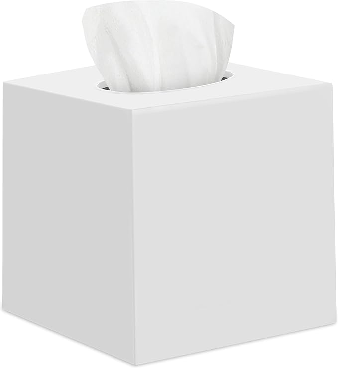 White Tissue Box Cover – Square Tissue Box Holder for White Bathroom Accessories Countertop, Decorative Tissue Cover and Square Cube Holder for Modern Home, Office or Dresser Décor