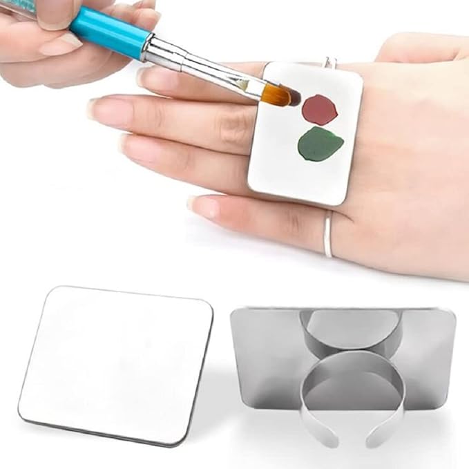 InfantLY Bright Nail Art Painting Mixed Color Palette Mixing Cosmetic Ring Palette，Mixing Makeup Palette Small Stainless Steel Makeup Cream Foundation Finger Plate Metal Cosmetic Mixing Blending Tray