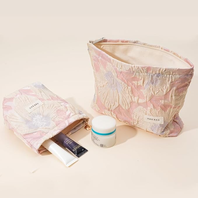 2 PCS Makeup Bag Small Cute Makeup Pouch Floral Cosmetic Bag for Women，Soft Toiletry Bag Pouch for Purse, Stereoscopic Emboss Craft Makeup Bag with Zipper（ Relief Pink Flower）