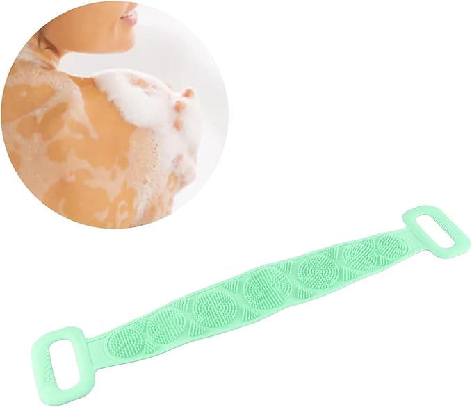 Silicone Back Scrubber Strap Double Sided Exfoliating Bath Shower Cleaning Belt Ergonomic Design for Men Women Kids Elderly Soft Dense Brush Hair Body Massage Tool (Green)