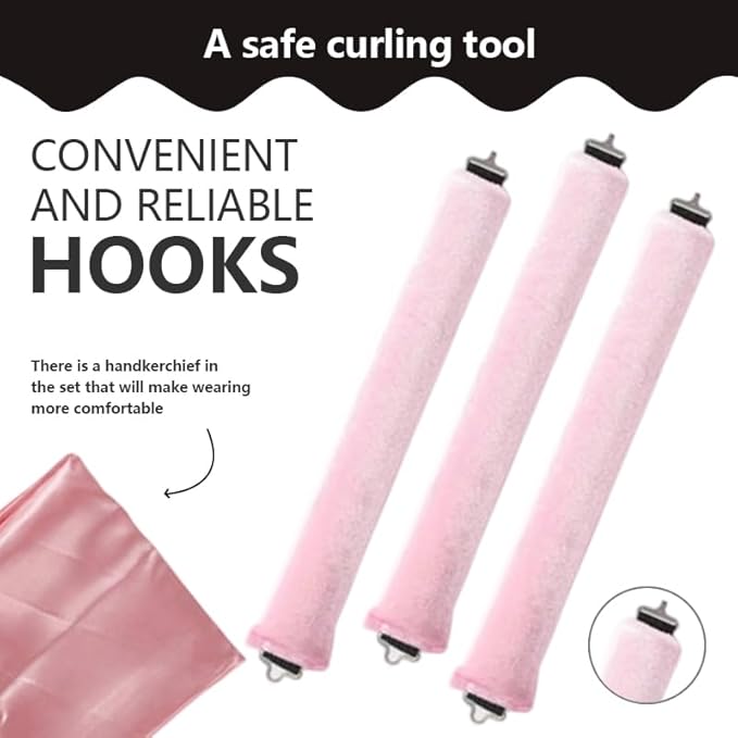 Heatless Curls Overnight Set of 3 with 1 Scarf - Heatless Hair Curler, Overnight Blowout Rods for Blowout Look Long Hair (Pink)