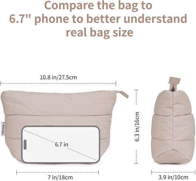 Narwey Travel Makeup Bag for Women Girl, Puffer Makeup Up Organizer Bag Cosmetic Bag, Puffy Cute Makeup Pouch Purse, Travel Toiletry Bag (Khaki)