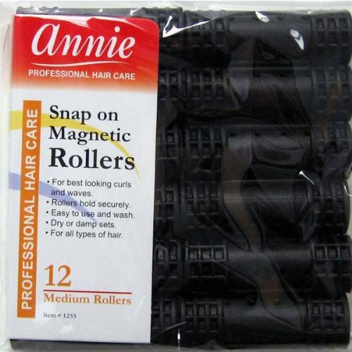 Annie Snap-On Magnetic Hair Rollers, Medium 3/4 Inch, 12 Count, Black Curlers for Curls & Waves, Easy Fast Setting, Secure Comfortable Fit for Dry or Damp Styling