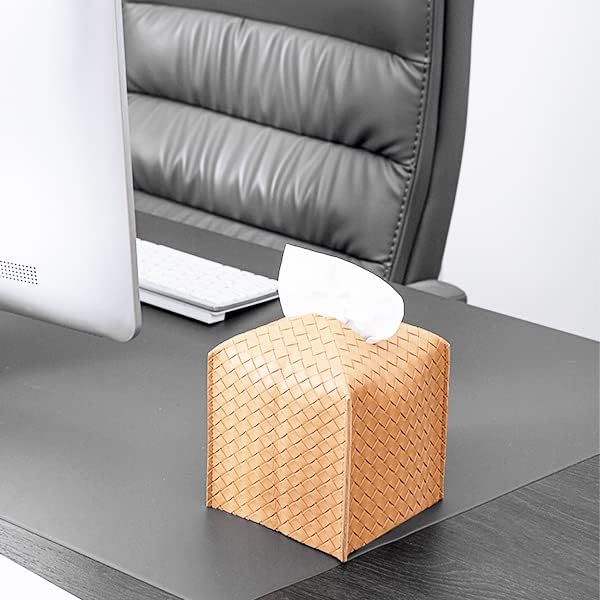 zoocatia Tissue Box Cover PU Leather Tissue Holder Square Facial Tissue Case Facial Paper Organizer Dispenser for Bathroom, Vanity Countertop, Tabletop, Car, Khaki