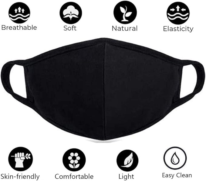 8 Pack Organic Cotton Face Cover Washable and Reusable - Black Travel Face Mask, Mouth Protection Cloth Masks with Nose Bridge Wire - Soft Fabric for Women Men Outdoor