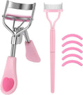Stainless Steel Eyelash Curler with Comb and Eyelash Brush Fit Suitable for Any Eye Shapes and Sizes, with 5 Silicone Refill Pads (Light Pink Set)