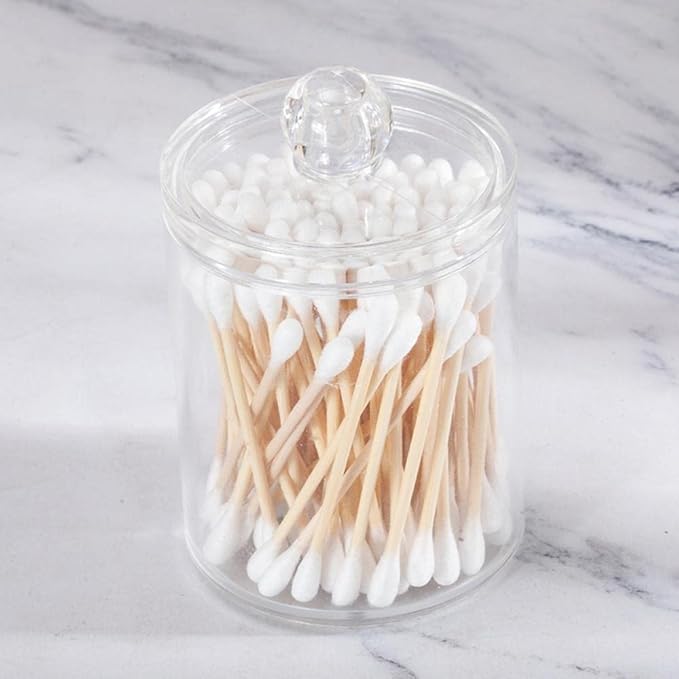 Sizikato Clear Acrylic Q-Tip Holder for Bathroom, Round Cotton Swab Dispenser with Lid