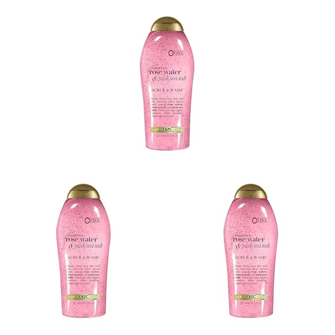 OGX Sensitive + Rose Water & Pink Sea Salt Exfoliating Body Scrub + Rose Quartz, Gentle Exfoliating Daily Wash Softens Skin, Body Scrub for Women, Sulfate-Free Surfactants, 19.5 fl oz (Pack of 3)
