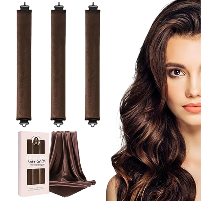 Heatless Curls Overnight Set of 3 with 1 Scarf - Heatless Hair Curler, Overnight Blowout Rods for Blowout Look Long Hair (Brown)