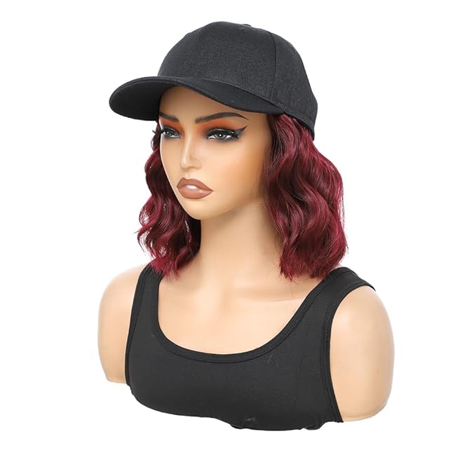 GUOJIAN Hat Wigs for Women 6' Short Wave Baseball Cap Wigs with Curly Hair Extensions Synthetic Wave Wig Adjustable Hat with Hair Attached for Daily Use (99J, 6inch)