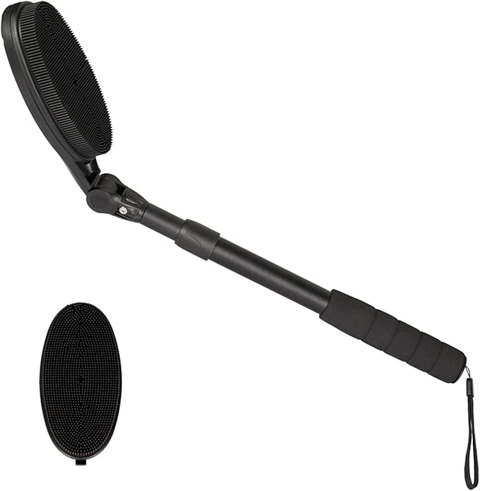 EASACE Back Scrubber for Shower, Soft Silicone Bath Body Brush with Long Handle, Adjustable Head with 1 Extra Replacements