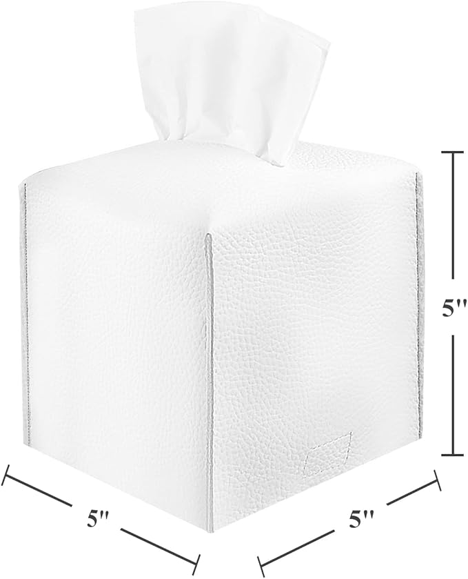 2 Pack, VIVIDLY Tissue Box Cover Holder, Square Modern PU Leather Tissue Box Holder, Can be Used for Bathroom Dressing Table, Bedside Table, Office Desk & Car 5"X5"X5"- (White, 2)