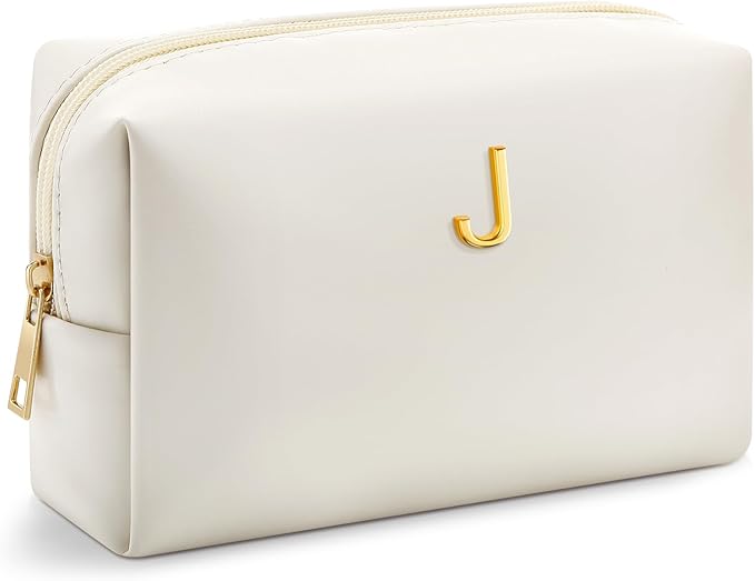 Kigeli Initial Makeup Bag for Women Beige Leather Easter Basket Gifts Monogram Cosmetic Bag Small Travel Toiletry Pouch Wedding Birthday Graduation Bridesmaid Gifts for Teen Girls Women Teachers(J)