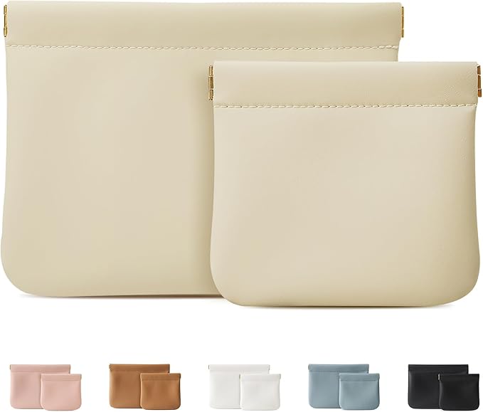 2 Pack Small Makeup Bag for Women, New Organosilicon Super Fiber PU Leather Mini Cosmetic Bag for Travel, Coin Purse Organizer Storage Pouch (No Phrase Printed, Beige)