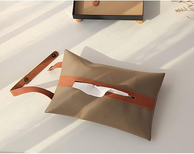 Tissues Box PU Leather Facial Paper Storage Case Rectangular Organizer Holder Decor with Hanging Strip for Kitchen Restaurant Countertops Bedroom Dressers Night Stands Desks (Brown)