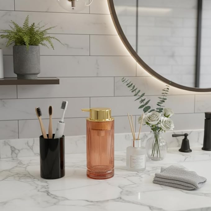 Foaming Soap Dispenser, Glass Foam Hand Soap Dispenser with Pump, 14 Oz Bathroom Refillable Liquid Lotion Pump Ribbed Bottle Container for Kitchen Countertop Decor (1, Brown Gold)