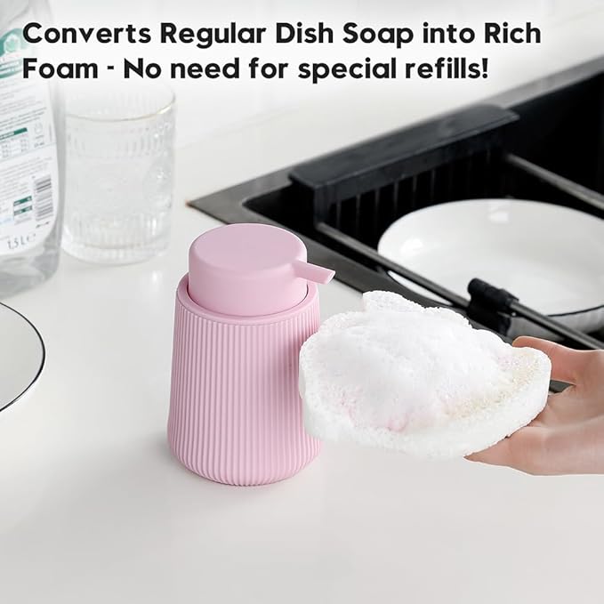 Striped Foaming Hand Soap Dispenser with Leak-Proof Pump for Bathroom and Kitchen Countertop 11 oz Pink