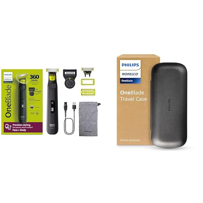 Philips Norelco OneBlade Pro Face+Body Travel Kit Bundle - Philips Norelco OneBlade Pro 360 Face+Body Hybrid Electric Trimmer/Shaver, QP6542/70 +Travel Case, QP401/90