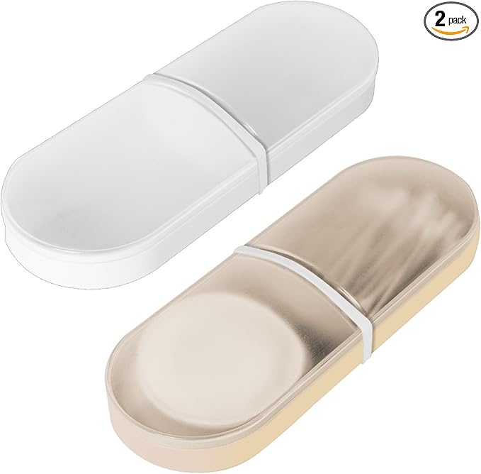 2 Pack Travel Cotton Swab Qtip Holder,Plastic Container Dispenser Box with 2 Silicone Rubber Bands, Portable Cotton Swab Makeup Pads Storage Box with Lid (White, Beige)