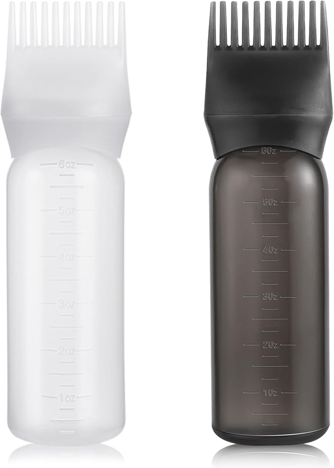 Pimoys 2 Pack Root Comb Applicator Bottle 6 Ounce Oil Applicator for Hair Dye, Hair Oiling Applicator Hair Coloring Bottle with Graduated Scale, Black and White
