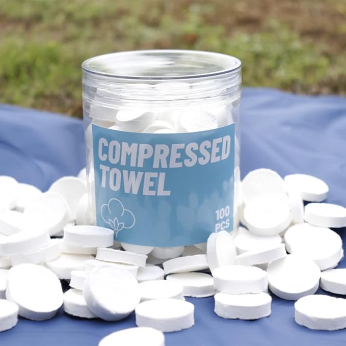 100 PCS Canned Compressed Face Towels,Compressed towels for travel,Disposable Napkins Mini Magic Coin Tissues Portable for Camping Home,Beauty Travel,Sports Outdoor.