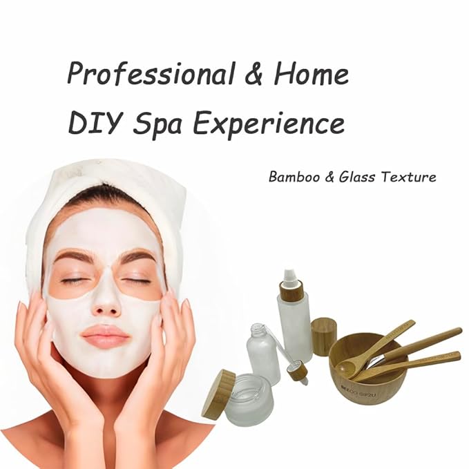 Face Mask Mixing Bowl Set Bamboo,7 Pcs DIY Facemask Mixing Tool Kit with Facial Mask Bowl,Spatula,Spoon,Brush,Empty Refilable Lotion Pump Bottle,Cream Jar and Dropper Bottle for Skincare