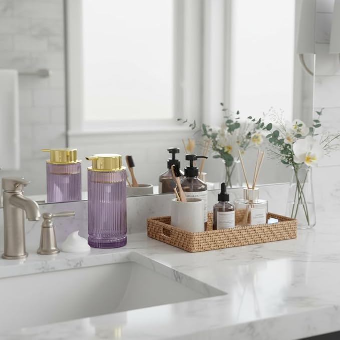 Foaming Soap Dispenser, Purple Glass Foam Hand Soap Dispenser with Gold Pump, 14 Oz Bathroom Refillable Liquid Lotion Pump Ribbed Bottle Container for Kitchen Countertop Decor, 1