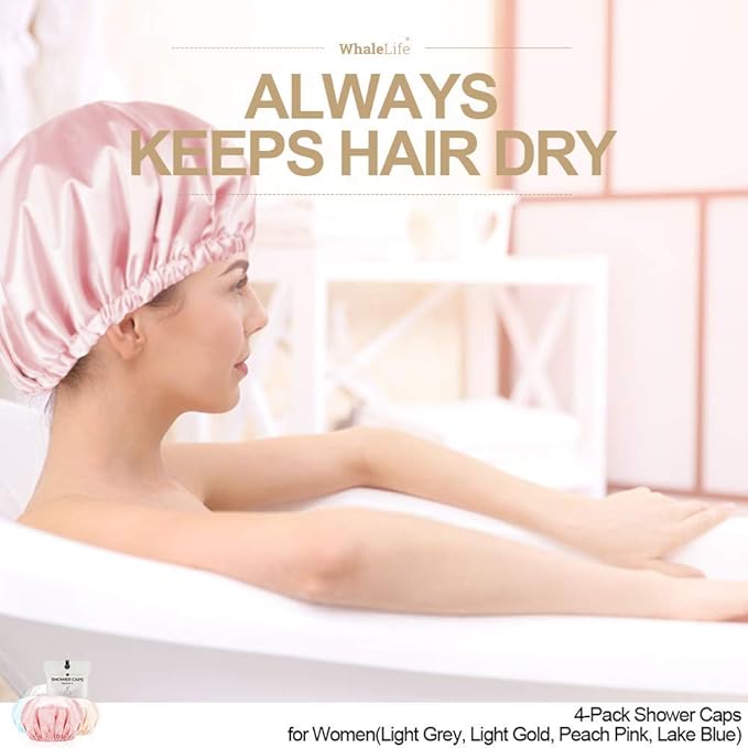 Shower Cap for Women Reusable Extra Large Shower Caps for Men Satin Double Layer EVA Waterproof Long Hair Caps(Light Grey, Light Gold, Peach Pink, Lake Blue 4 Pack)