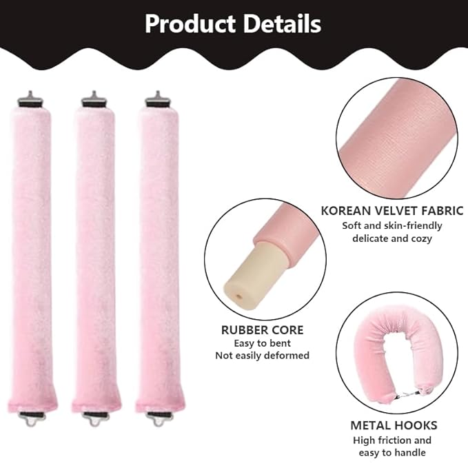 Heatless Curls Overnight Set of 3 with 1 Scarf - Heatless Hair Curler, Overnight Blowout Rods for Blowout Look Long Hair (Pink)