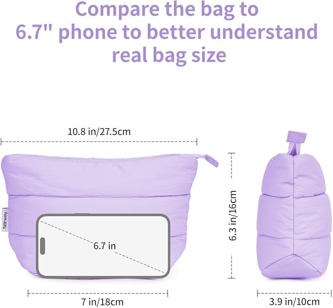 Narwey Travel Makeup Bag for Women Girl, Puffer Makeup Up Organizer Bag Cosmetic Bag, Puffy Cute Makeup Pouch Purse, Travel Toiletry Bag (Pruple)