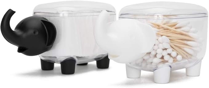 2 Pack Qtip Holders,Acrylic Cotton Ball Holder Dispenser with Lid,Cute Cotton Swab Holders, Bathroom Jars, Restroom Vanity Organizer Canister for Counter,Small Containers for Makeup Storage(Elephant)