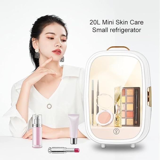 20L Cold Hot Mini Refrigerator, Portable Beauty Makeup Fridge, with Makeup Mirror and LED Light, Adjustable Brightness, Removable Shelves, for Drink, Car, Office