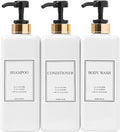 Shampoo and Conditioner Dispenser - Modern Gold Design Large 27oz Shower Soap Dispenser Set of 3, Refillable Empty Plastic Pump Bottles for Bathroom, 6 Waterproof Labels Included, Black