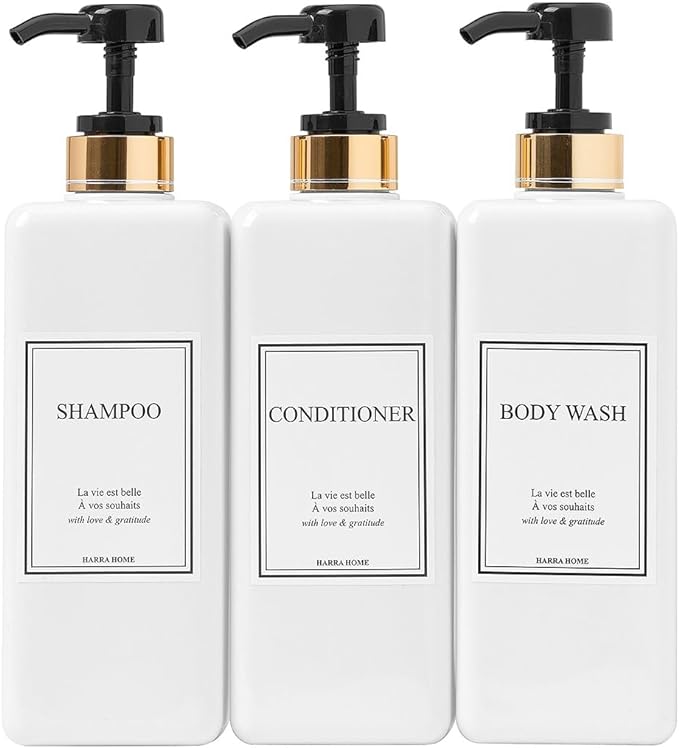 Shampoo and Conditioner Dispenser - Modern Gold Design Large 27oz Shower Soap Dispenser Set of 3, Refillable Empty Plastic Pump Bottles for Bathroom, 6 Waterproof Labels Included, Black