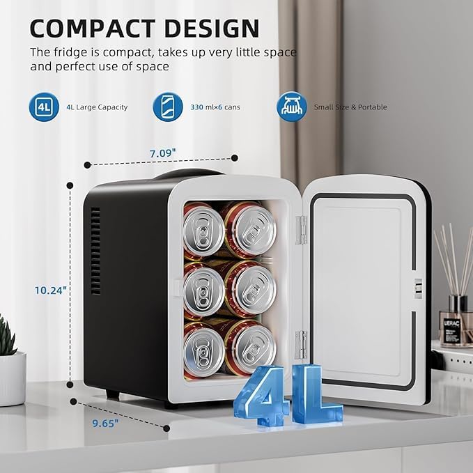 Compact Refrigerator, Portable Mini Fridge, Skin Care 4L/6 Cans, for Bedroom, Car, Office & Dorm, Small Cooler for Cosmetics, Beverage and Food, Black