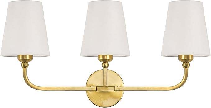 Bathroom Vanity Light, Brushed Gold Bathroom Light Fixtures, 3-Light Lighting Fixtures Over Mirror, Modern Wall Sconce with Flared White Fabric Shade, E26 Socket(ETL Listed)
