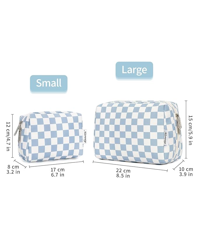 Narwey Checkered Makeup Bag Travel Cosmetic Bag Organizer Toiletry Bag Make Up Bags with Compartments for Women Girls((Large, Sky Blue Checkerboard)