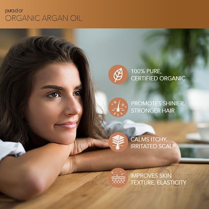 PURA D'OR 4 Oz Organic Moroccan Argan Oil – 100% Pure Cold-Pressed Virgin Grade – Lightweight Moisturizer for Skin, Face, Body & Hair Relaxer – Helps Dry Skin, Scalp Care, Split Ends, Nails & Cuticles