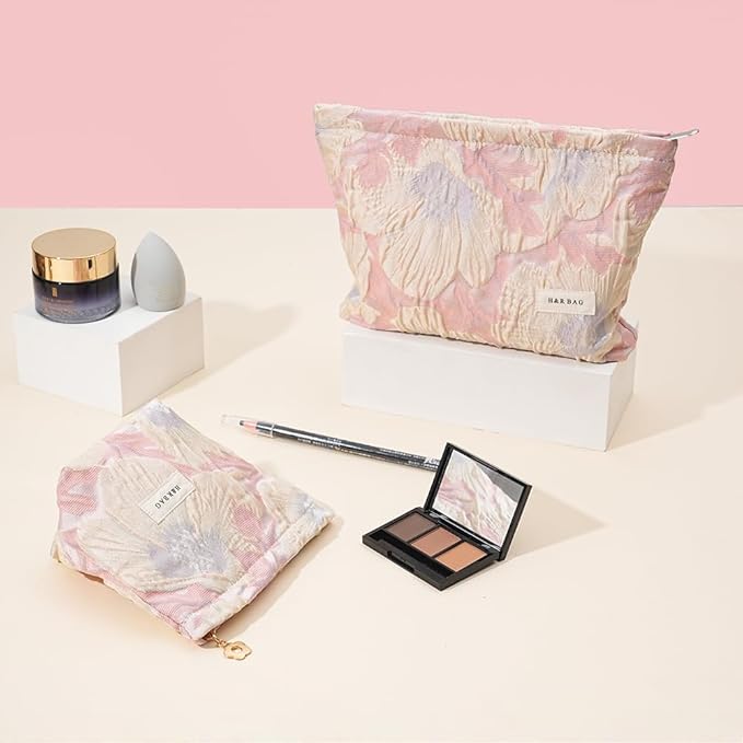 2 PCS Makeup Bag Small Cute Makeup Pouch Floral Cosmetic Bag for Women，Soft Toiletry Bag Pouch for Purse, Stereoscopic Emboss Craft Makeup Bag with Zipper（ Relief Pink Flower）