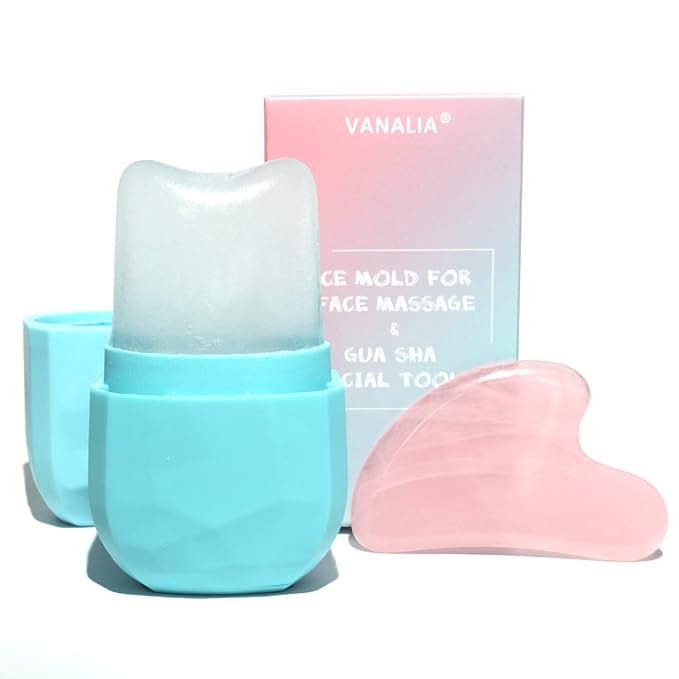 Ice Roller for Face and Eye, Gua Sha Facial Massage, Beauty Set with Silicone Ice Mold (Blue)