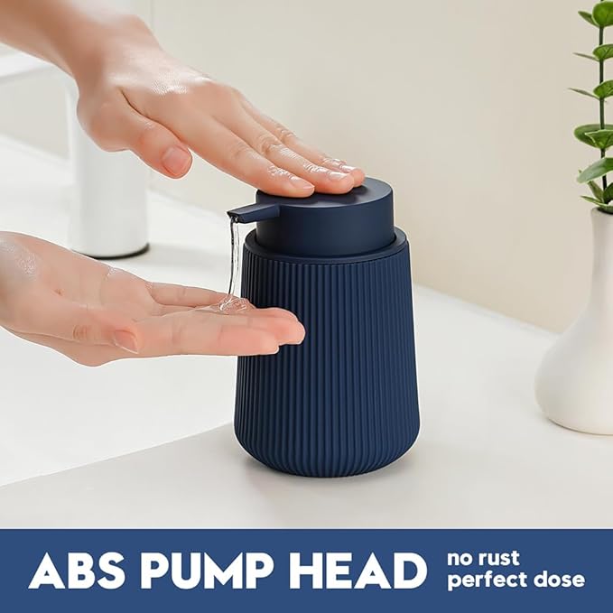 Striped Liquid Hand Soap Dispenser with Leak-Proof Pump for Bathroom and Kitchen Countertop 11oz Navy Blue
