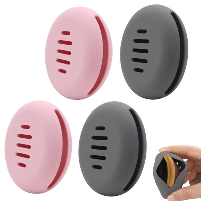 Portable Powder Puff Case,Breathable Round Makeup Puff Protective Container,Silicone Make-up Storage Box Travel Quick Drying Easy to Carry,4 Pieces,Pink+Grey