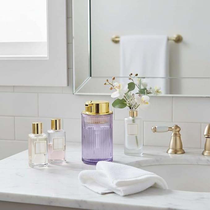Foaming Soap Dispenser, 12 Oz Purple Glass Soap Dispenser, Refillable Liquid Lotion Container Foam Gold Pump Bottle Decorative Modern Slim Ribbed Bottle for Bathroom and Kitchen