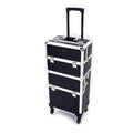 mefeir 3 in 1 Rolling Makeup Train Case, Aluminum Makeup Travel Organizer Cosmetic Case, Cosmetology Display Suitcase on Wheels, Beauty Storage Luggage Lockable w/4 Removable Wheels, Black
