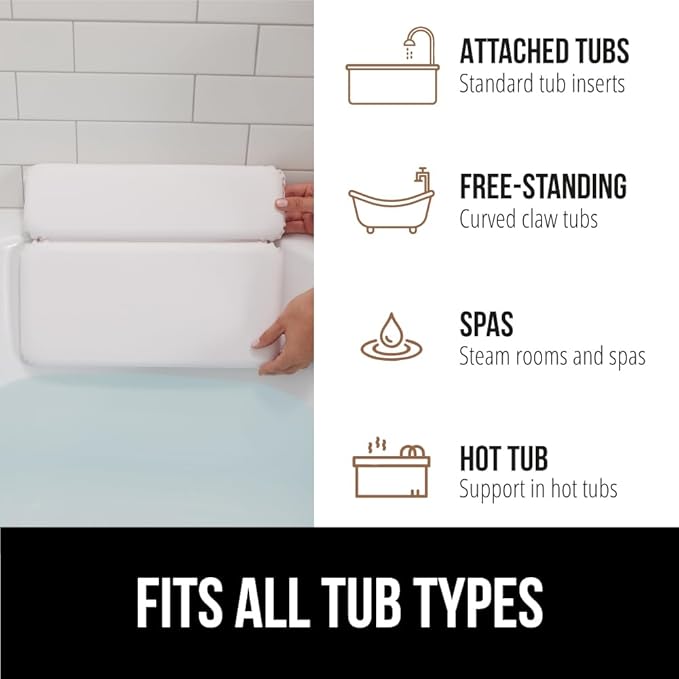GORILLA GRIP Bath Pillow for Tub, Strong Suction Cups, Luxury Bathtub Pillows, Headrest Neck and Back Support, Relaxing Hot Tub and Home Spa Accessories, Bathroom Essentials, Gifts for Women, White